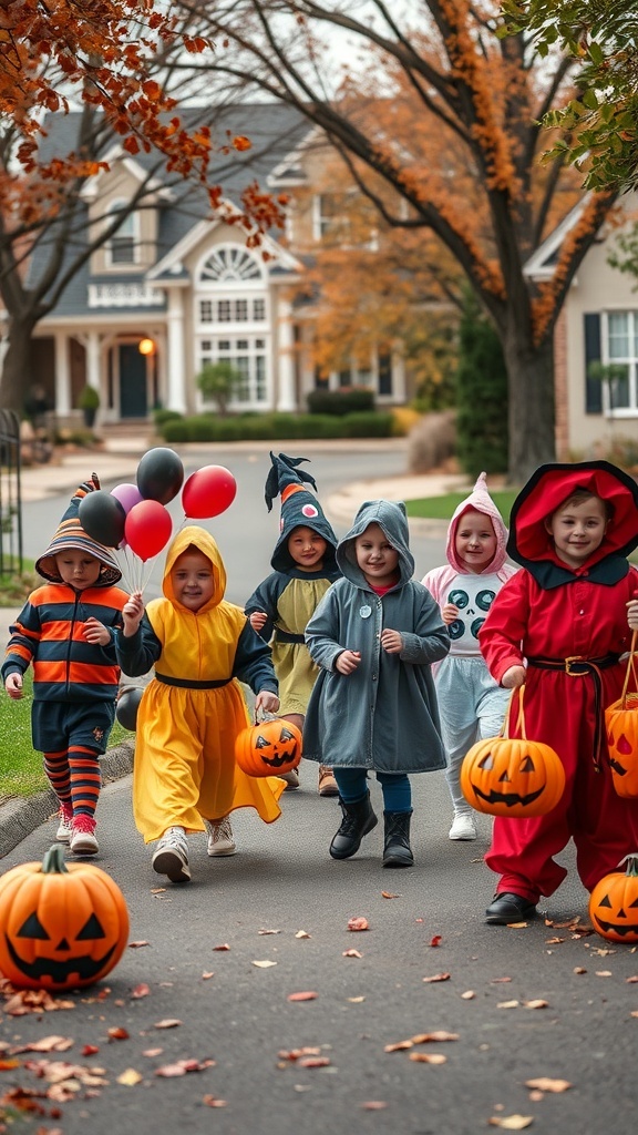 A group of children in colorful costumes walking down a street during Halloween, carrying pumpkin buckets.