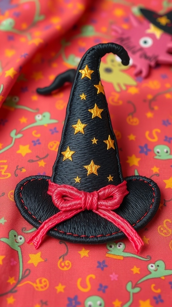 Embroidered witch hat with gold stars and a red bow on a colorful patterned background.