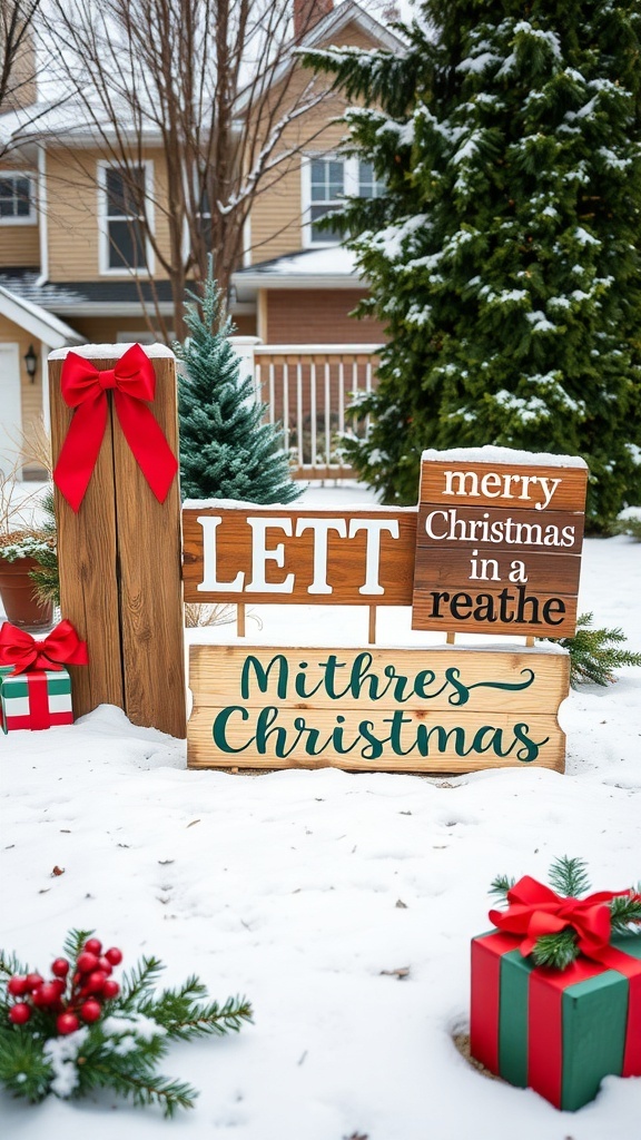 Charming wooden Christmas signs with festive messages in a snowy yard