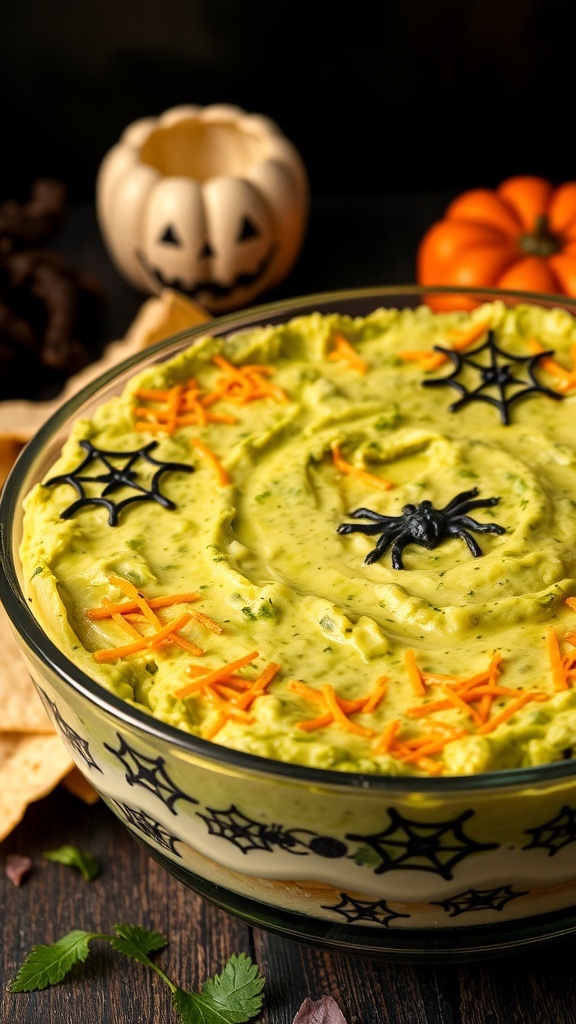 A Halloween-themed 7 layer dip with guacamole, cheese, and spider web decorations.