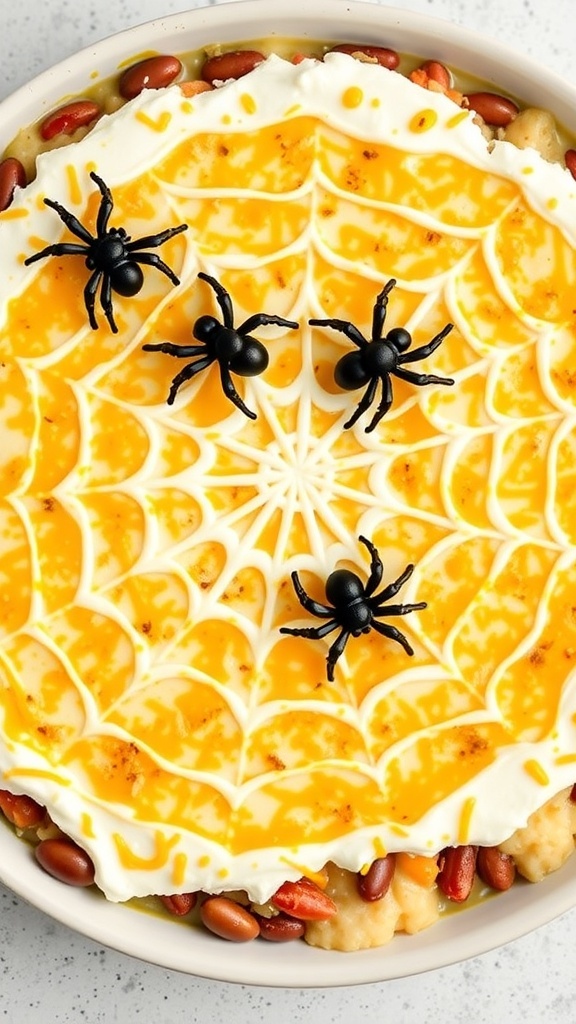 A seven-layer bean dip topped with a cheesy sour cream spider web design and plastic spiders for Halloween.