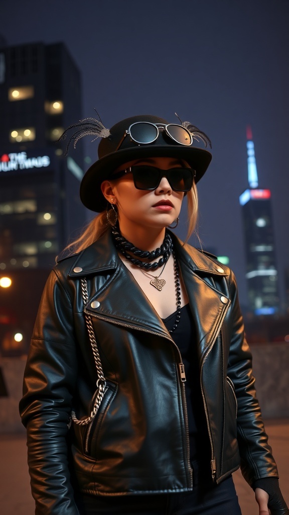 A stylish person wearing a black leather jacket, sunglasses, and a hat with feathers, set against a city skyline at night.