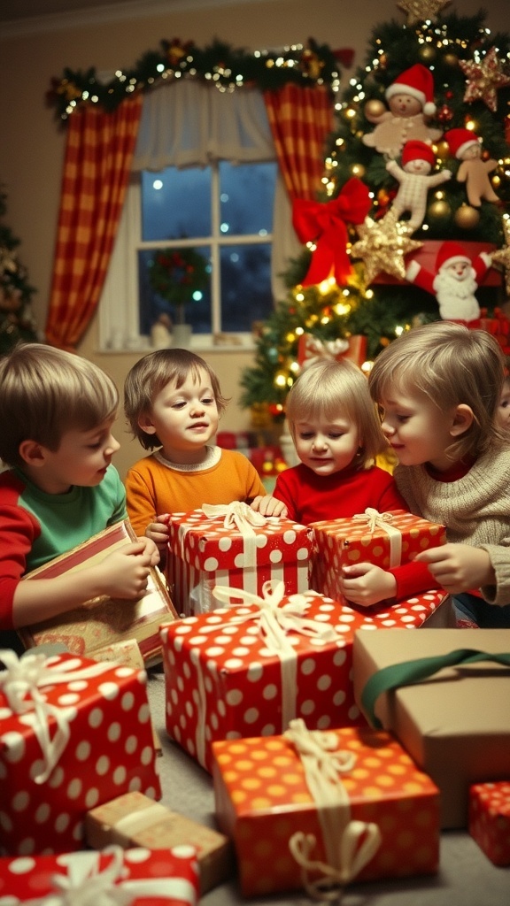 Children joyfully unwrapping gifts during Christmas in a vintage 70s setting.