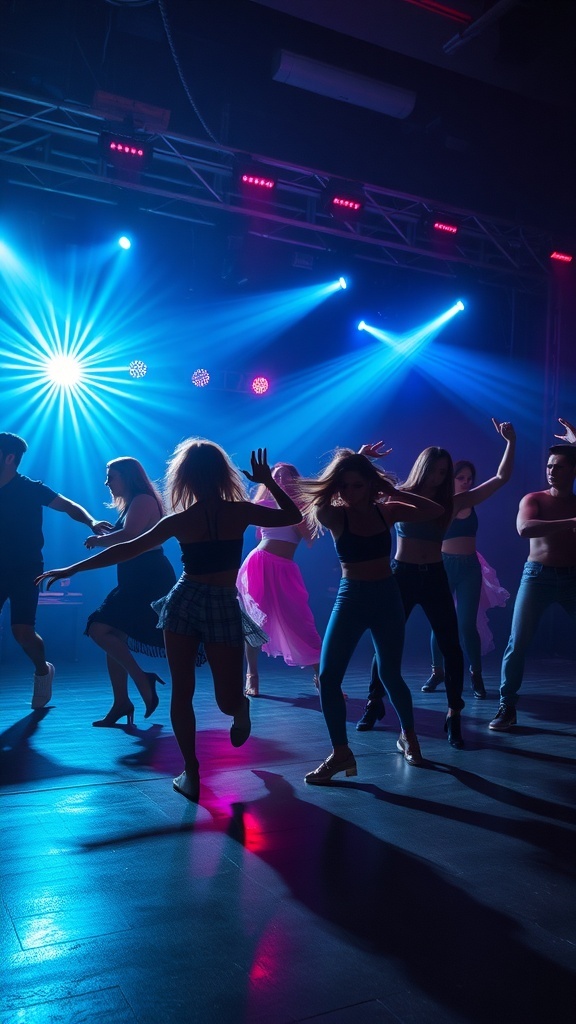 A group of people dancing at a Halloween rave under colorful lights