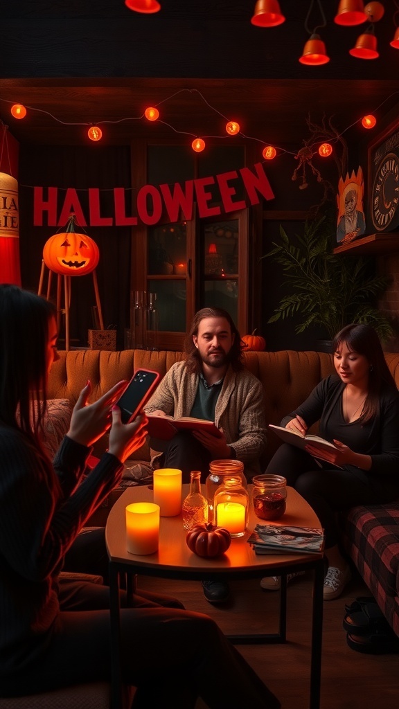 A cozy Halloween gathering with friends, candles, and decorations.