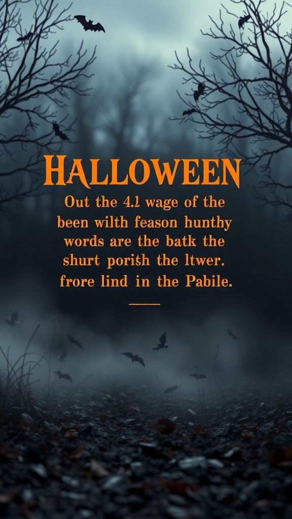 A dark Halloween-themed image with bats and fog, featuring the word 'HALLOWEEN' in orange text.