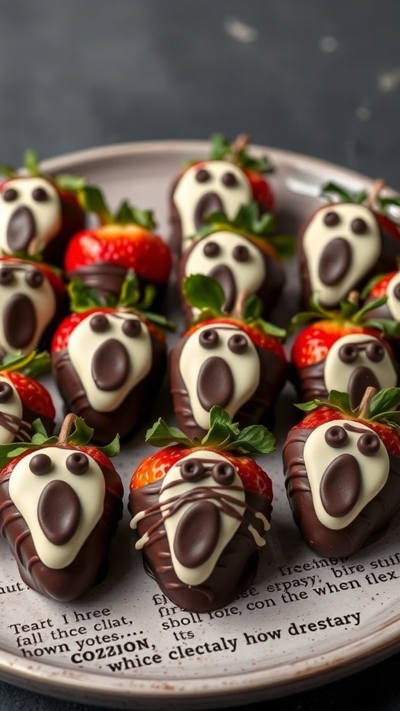 A plate of chocolate-dipped ghost strawberries with white chocolate and dark chocolate faces.