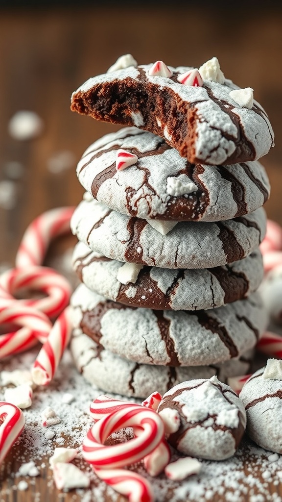 A stack of chocolate peppermint crinkle cookies with a bite taken out, surrounded by crushed candy canes.