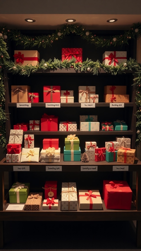 A display of beautifully wrapped gifts organized by categories for the Christmas 7 Gift Rule.