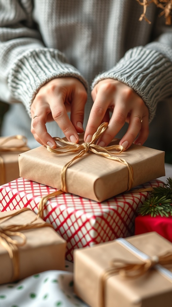 A person wrapping gifts with ribbon and twine, showcasing a variety of wrapped presents.
