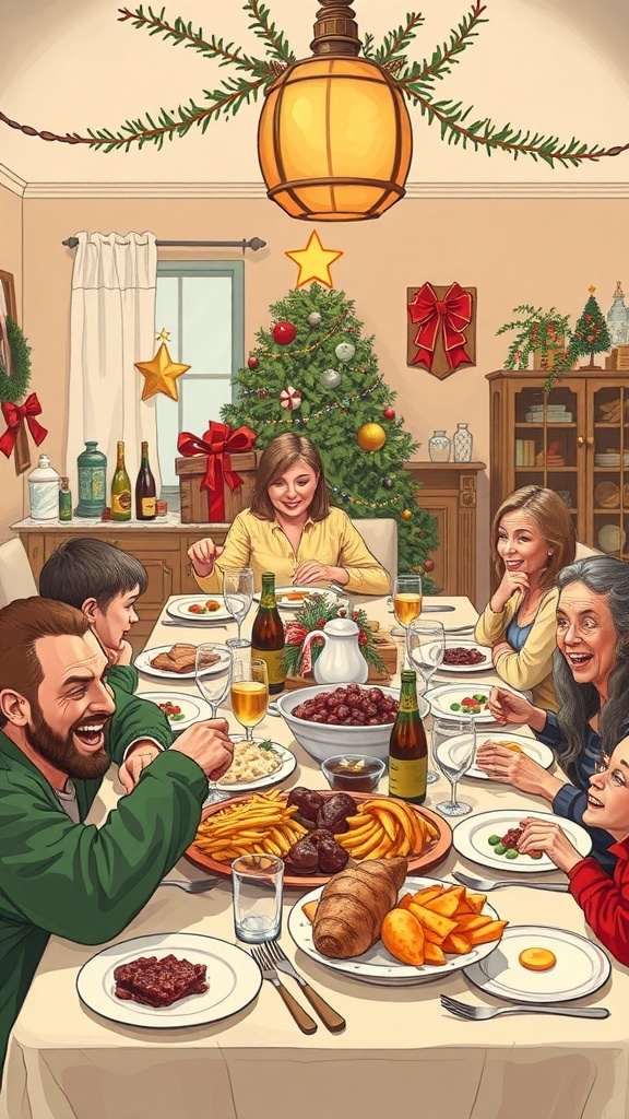 A lively Christmas dinner scene at the Parker home with family gathered around a festive table filled with food.