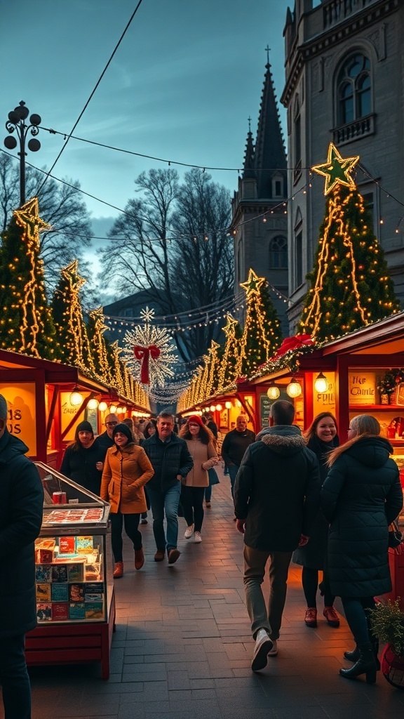 A Christmas market at dusk with stalls decorated with lights and people enjoying the festive atmosphere.