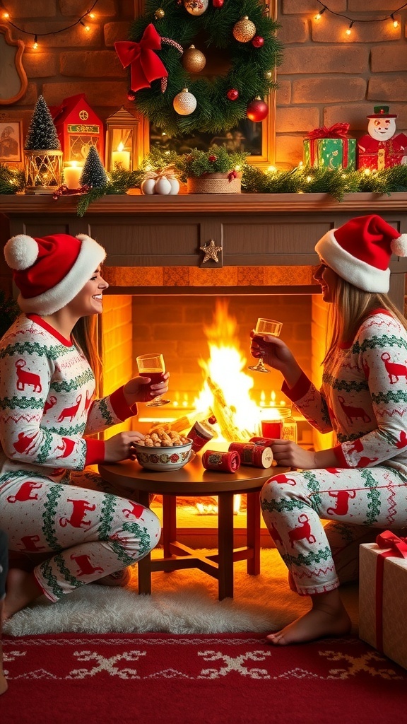 Two friends in matching Christmas pajamas enjoying a cozy evening by the fireplace.