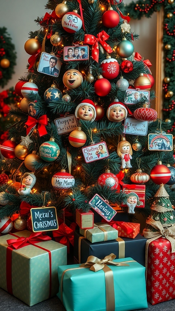 A beautifully decorated Christmas tree with themed ornaments, featuring colorful baubles, character figures, and wrapped gifts underneath.