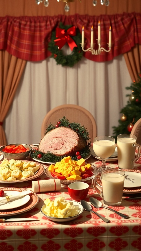 A classic 1950s holiday table setting with glazed ham, mashed potatoes, fruit salad, and festive decor.