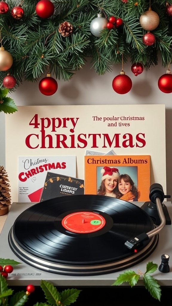 A record player with classic Christmas albums and festive decorations