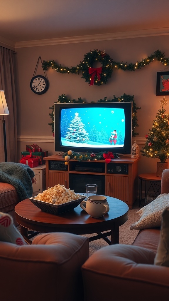 Cozy living room decorated for Christmas with a vintage TV showing a festive scene, popcorn on the table, and holiday decorations.