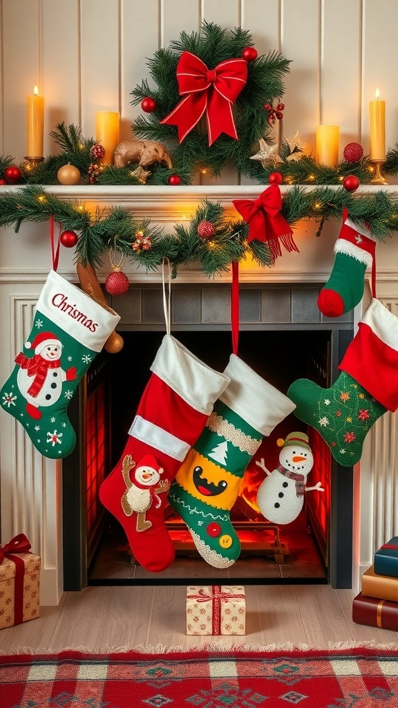 A festive fireplace decorated with colorful Christmas stockings, a wreath, and candles, capturing the essence of 90s holiday decor.