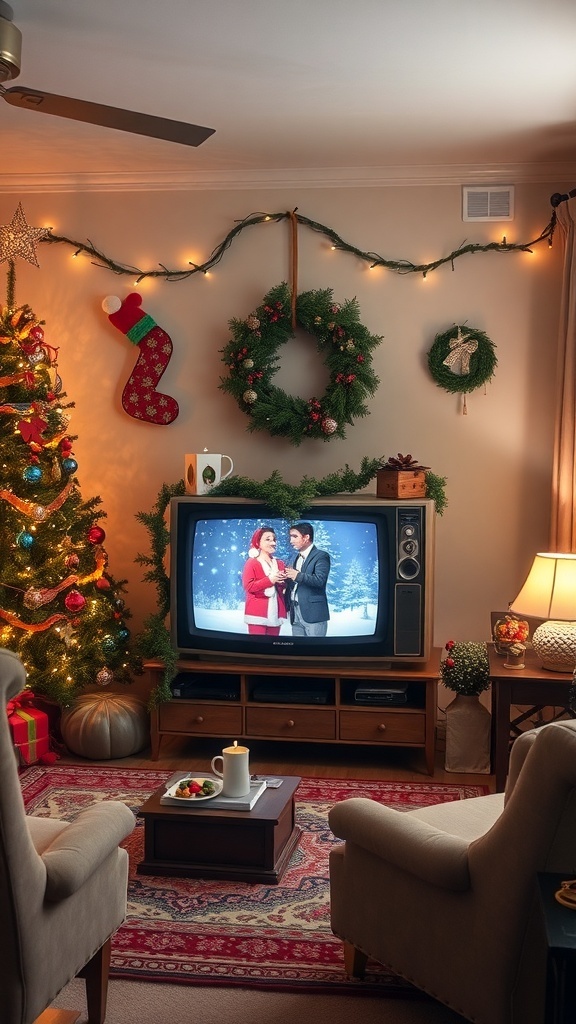 A cozy living room decorated for Christmas, featuring a tree, stockings, and a vintage TV showing a holiday movie.
