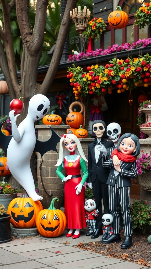 A colorful Halloween display featuring cartoon characters like a friendly ghost, skeletons, and pumpkins.