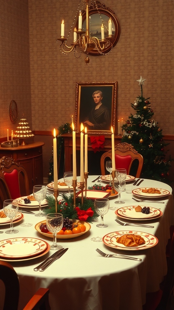 A classic 1960s Christmas dinner setting with a round table, candles, fine china, and a decorated Christmas tree.