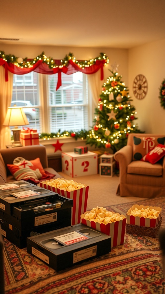 Cozy living room decorated for Christmas with a tree, popcorn, and VHS tapes.