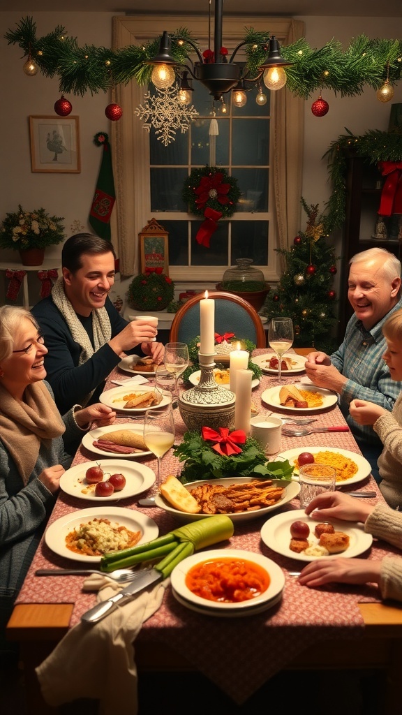A family gathered around a festive dinner table, enjoying a meal together during Christmas.