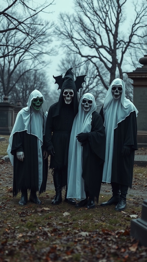 Four friends dressed as ghosts and ghouls in spooky costumes