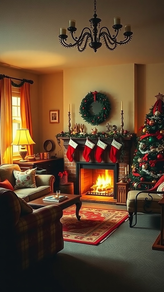A vintage 60s Christmas living room with a decorated tree, stockings on the fireplace, and warm lighting.
