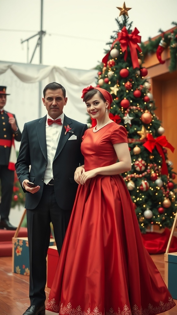 A couple dressed in 1950s holiday fashion, standing in front of a decorated Christmas tree.
