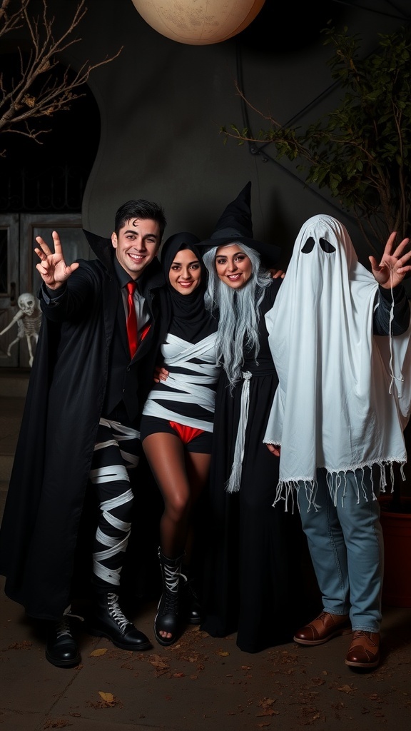 A group of friends dressed as classic horror movie characters including a mummy, witch, ghost, and vampire.