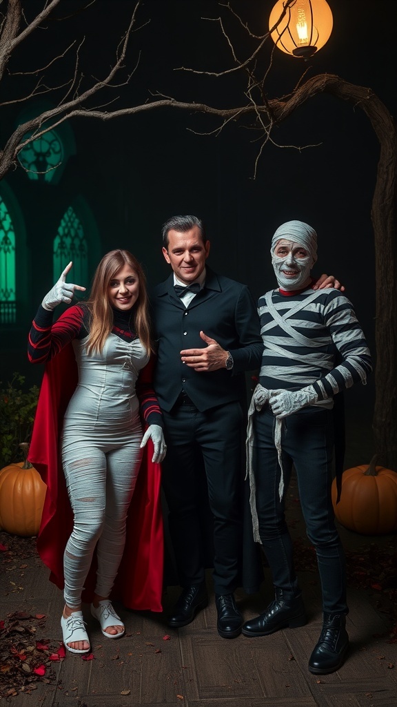 A group of three friends dressed as classic horror movie characters for Halloween, featuring a woman in a white outfit with a red cape, a man in a black suit, and a mummy.