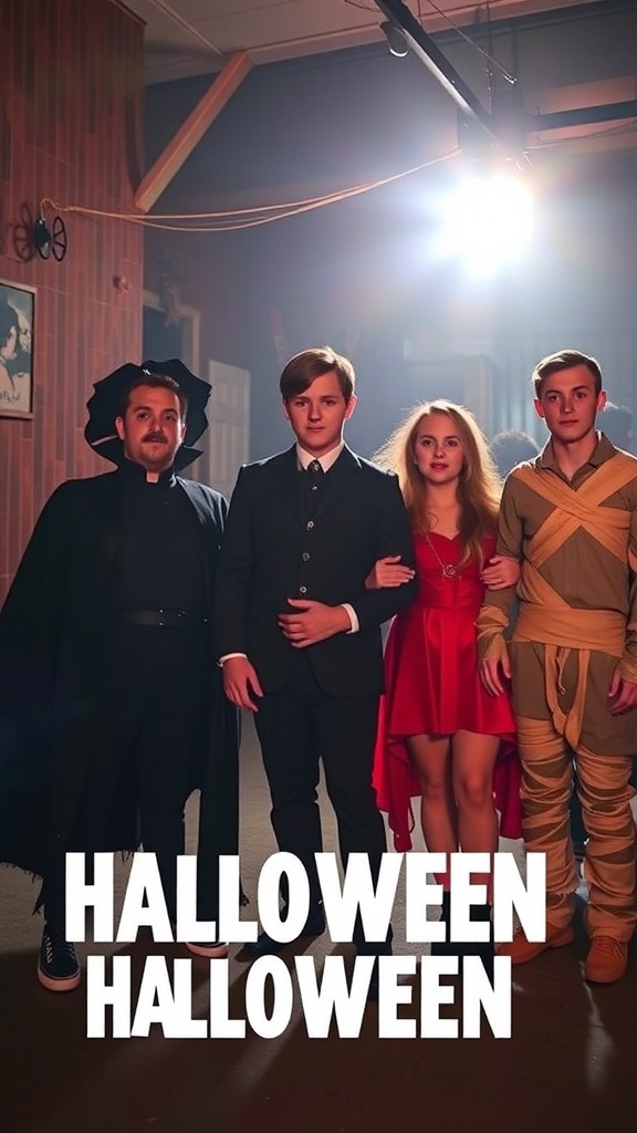 A group of teens dressed as classic horror movie characters for Halloween.
