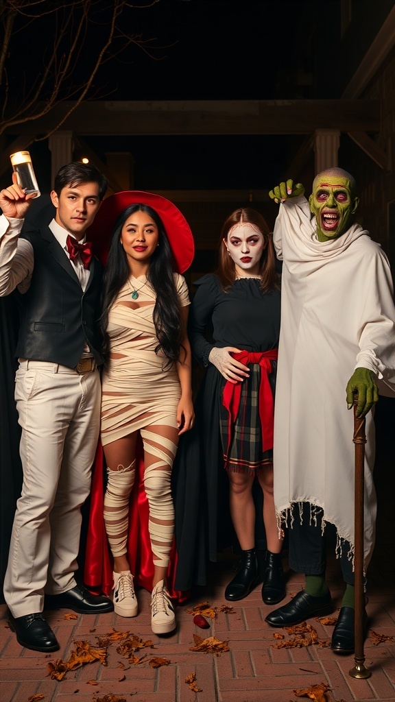 A group of five friends dressed in classic horror movie costumes, showcasing a vampire, mummy, ghost, and a playful monster.