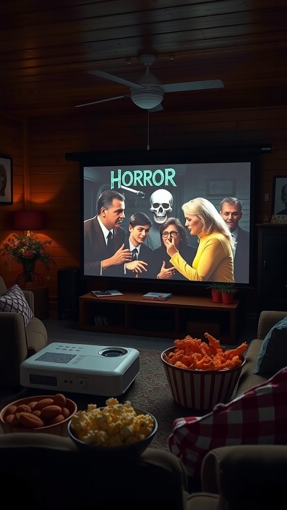 Cozy living room with a projector showing a classic horror movie, surrounded by snacks.