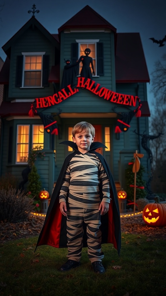 A young boy dressed as a mummy with a black cape, standing in front of a spooky house decorated for Halloween.
