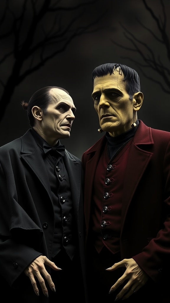 A vampire and Frankenstein's monster standing together, showcasing classic Halloween vibes.