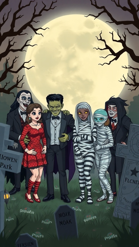 A group of eight friends dressed as classic monsters for Halloween, featuring Frankenstein, a vampire, a mummy, a witch, a skeleton, and a zombie, with a full moon in the background.