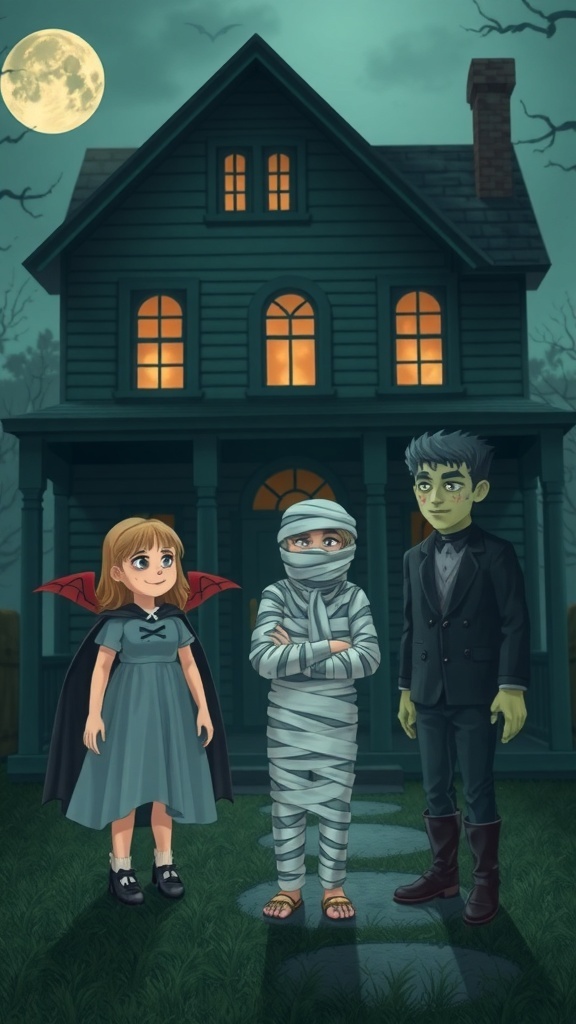 A girl in a vampire costume, a boy wrapped as a mummy, and a boy as Frankenstein's monster in front of a haunted house.
