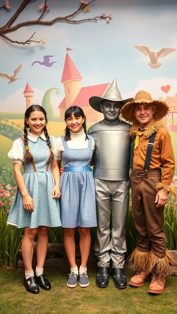 A group of friends dressed as characters from The Wizard of Oz, including Dorothy, the Tin Man, and the Scarecrow.