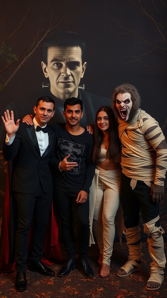 A group of friends dressed as classic movie monsters for Halloween, including Dracula, a mummy, and a werewolf, with a spooky backdrop.