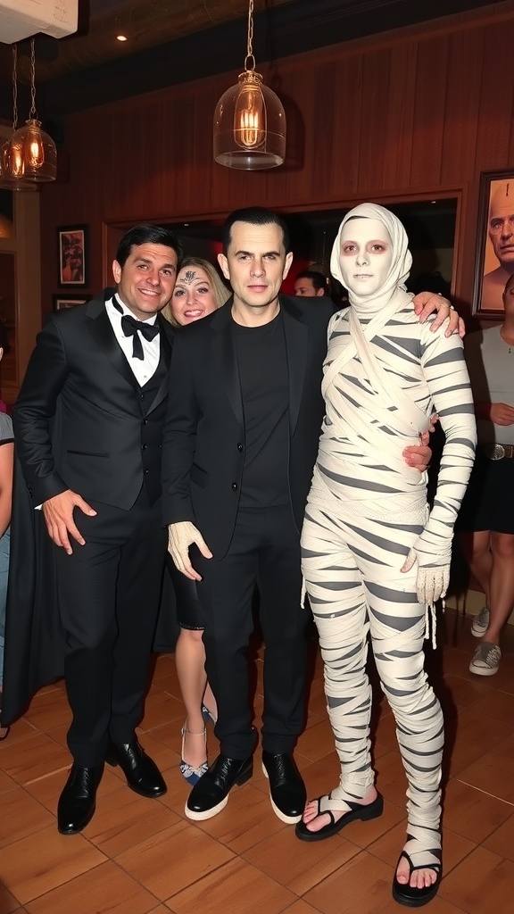 A group of friends dressed as classic movie monsters, including a mummy and a vampire, at a Halloween party.