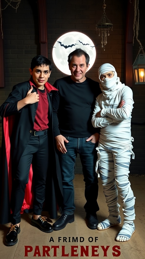 A group of three people dressed as classic movie monsters for Halloween, featuring a vampire, a mummy, and a character in black.