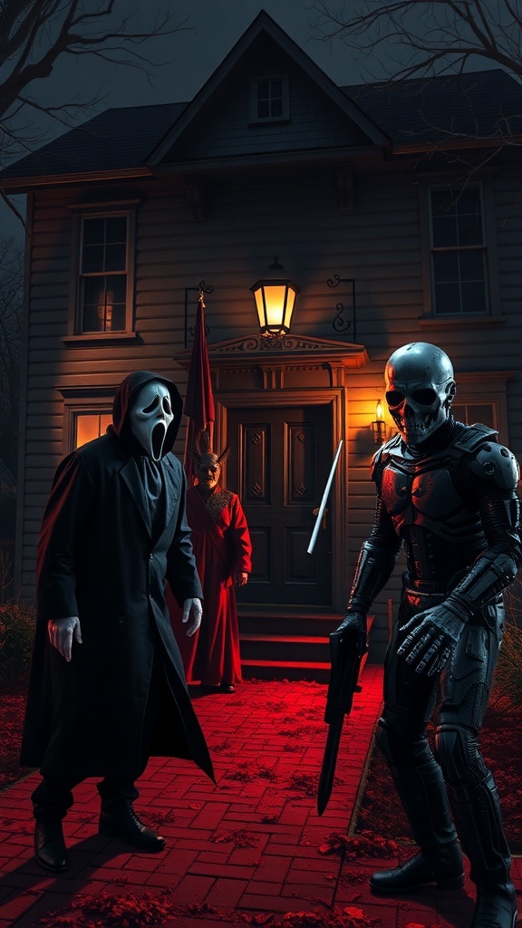 A spooky Halloween scene featuring iconic 90s movie villains in front of a creepy house.