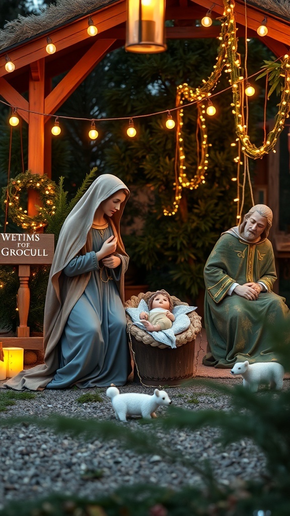 A classic nativity scene featuring Mary, Joseph, and baby Jesus, surrounded by warm lights and decorative elements.