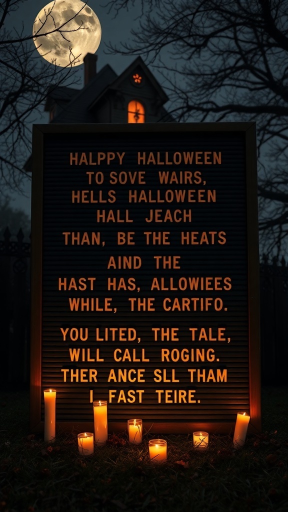A Halloween-themed letter board with a quirky message, surrounded by candles and a full moon in the background.