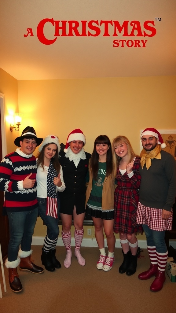 Group of friends in costumes inspired by 'A Christmas Story' with festive outfits and accessories.