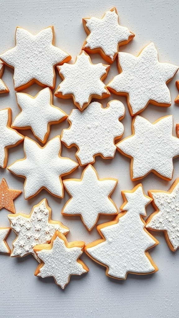 A collection of classic sugar cookies in holiday shapes, dusted with powdered sugar.