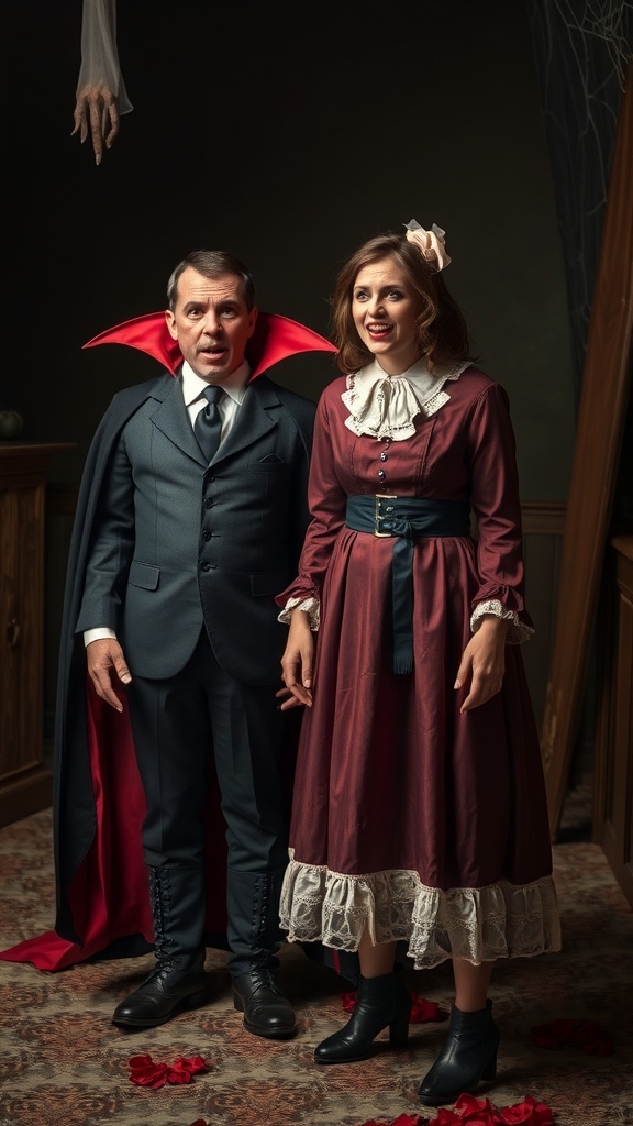 A classic vampire in a suit and cape stands next to a woman dressed as a victim in a vintage dress, both smiling.