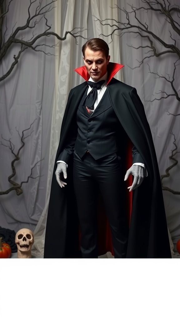 A man dressed in a classic vampire costume with a black cape and high collar, standing in front of a spooky backdrop.